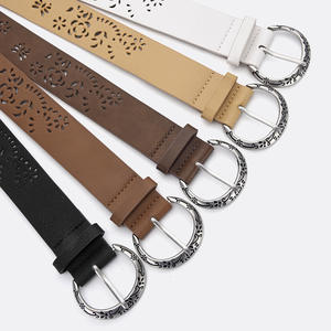 Cinturón Casual de Moda para Mujer, Estilo Étnico, de Cuero Genuino Tiyo, con Patrón Floral y Hebilla Plateada de Estilo Occidental, 3.5cm de Ancho - Product Image 2