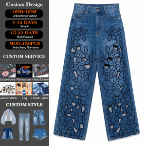 Pantalones de Mezclilla para Dama de Corte Recto y Holgado con Bordado, de Cintura Media, Transpirables, Estilo Urbano, Lavado Clásico y Casual - Product Image 1