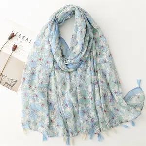 Fresh sweet blue flower lovely sun block beach towel cotton linen feel Balinese silk scarf air conditioning shawl lady