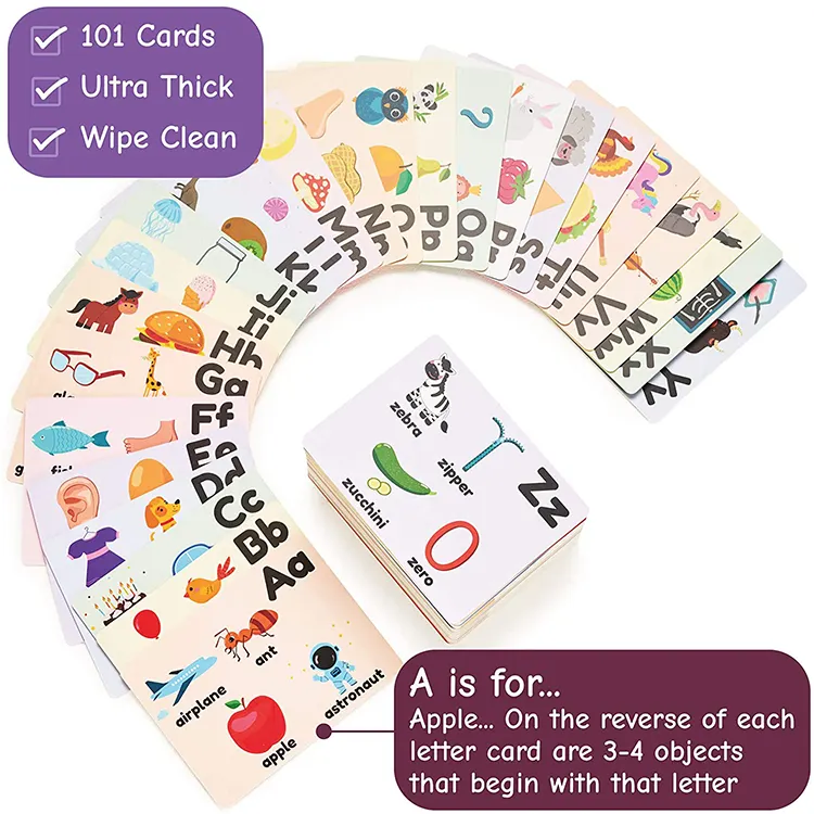 26 cartes Flash personnalisées de haute qualité pour enfants, avec impression de cartes, d'apprentissage de l'alphabet, usine chinoise