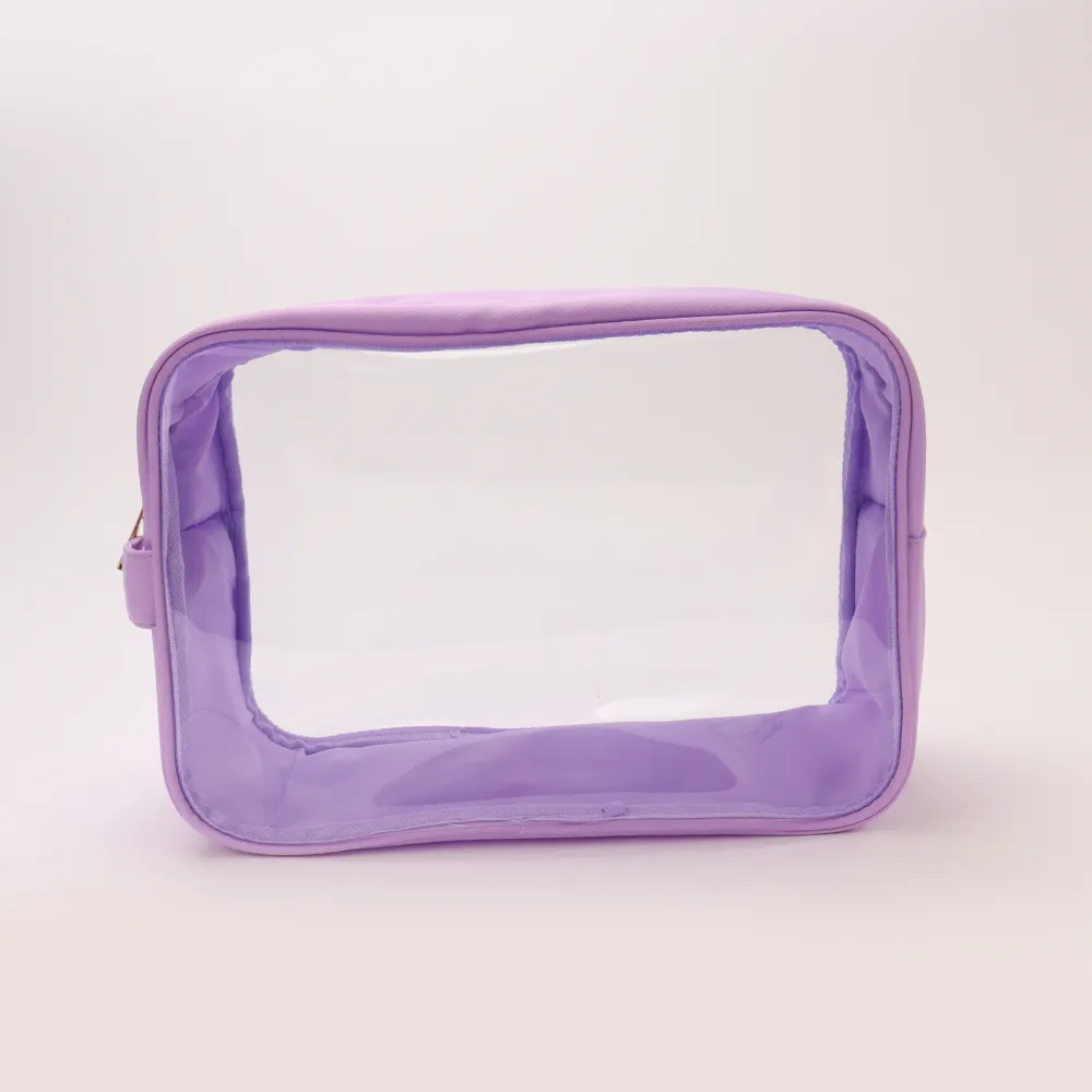 Dompet Toilet kosmetik Pvc transparan bepergian ungu, kantung penyimpan perlengkapan mandi dengan ritsleting bening