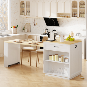 Kitchen <b>Island</b> Extendable Solid Wood Dining <b>Table</b> Double-sided Storage 2 Drawers Power Outlet Side Shelves-Eco-Friendly - Product Image 2