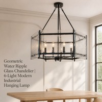 Lustre moderne YH à 6 lumières, verre martelé effet vague d'eau, suspension géométrique en laiton noir mat