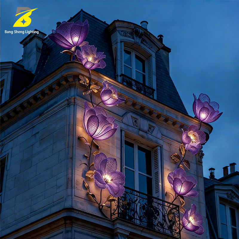 Outdoor Purple Flower Light Waterproof Floral Facade Sculpture for Building Exterior