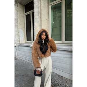 Manteau en fourrure de vison beige, extérieur en laine, simple boutonnage, fermeture éclair, rembourrage en coton, imprimé animal, coque en laine tissée, ceinture - Product Image 5