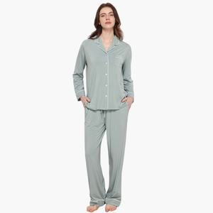 Pijamas de Algodón Modal Color Menta Personalizados al por Mayor, Ropa de Dormir de Manga Larga para Invierno, con Ribete, Conjuntos de Pijamas de Bambú - Product Image 3