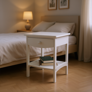Mesita de noche blanca de madera con cajón y estante para decoración de dormitorio - Product Image 2