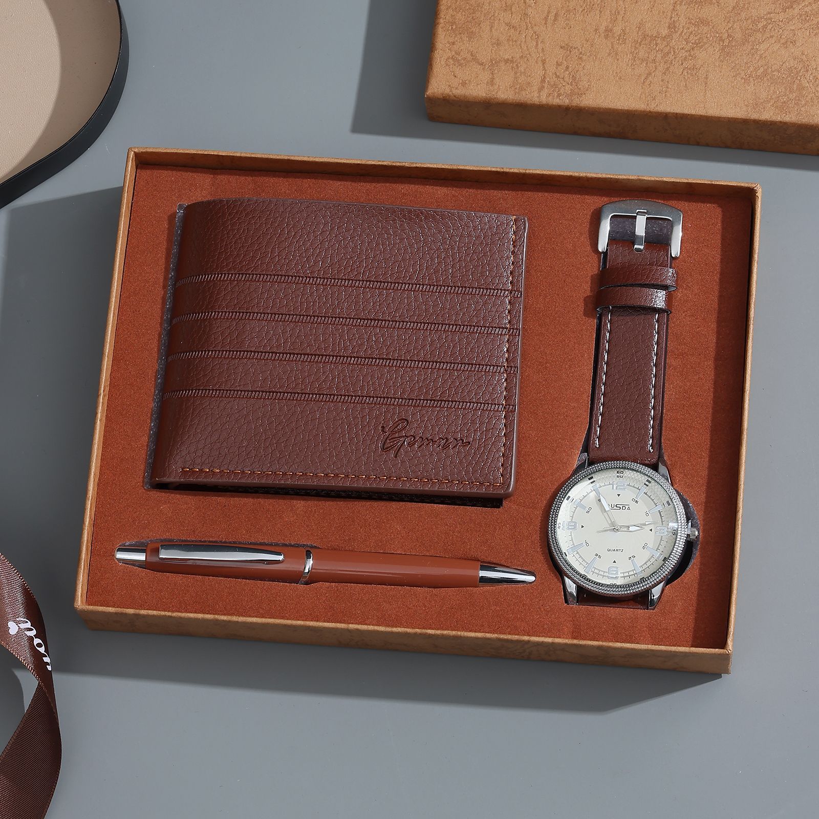 Set da 3 pezzi: portapenne marrone per orologio