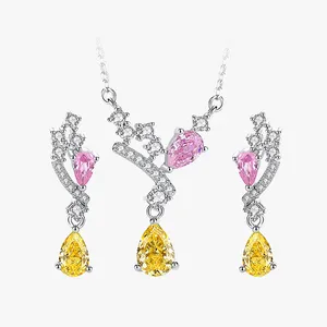 Collar de plata de ley S925 para mujer, piedra cortada con hielo, pendientes de circón amarillo y rosa, collar, conjunto de joyería fina