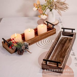 Wooden serving <b>tray</b> with metal handle, minimalist style, white tabletop candle decoration <b>tray</b>, <b>dinner</b> plate - Product Image 2