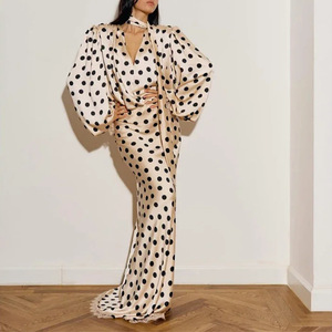 Elegante Abito Retrò con Stampa a <span class=keywords><strong>Pois</strong></span> per Donne, Maniche Lunghe, Scollo a V, Design con Orlo in Pizzo, per Feste, Appuntamenti, Abbigliamento Casual, MOQ 1 - Product Image 1