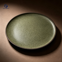 Assiette en céramique verte à fond plat, style nordique rustique, pour service de dîner de mariage, restaurant, entrées vintage, en porcelaine