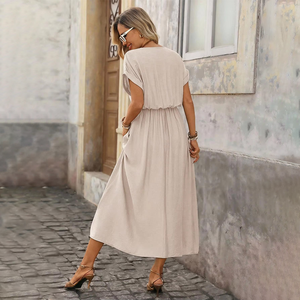Abito lungo estivo da donna marrone con scollo a V e vita naturale, in tessuto ecologico traspirante, casual per vacanze, pendolarismo e appuntamenti - Product Image 2