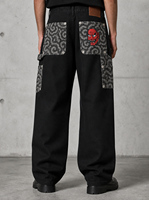 Pantalon ample en denim noir délavé personnalisé pour homme, avec double genouillère, broderie masque Hannya, patchwork nuage, coupe large, style streetwear
