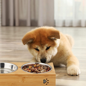 Alimentador elevado de madera de bambú para mascotas, 2 cuencos para perros, soporte elevado con cuencos de acero inoxidable dobles, alimentador de madera para mascotas - Product Image 2
