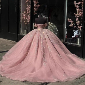 Pink Off Shoulder Ball Gown Sequined Lace Tulle Corset Sweet Prom Dress Natural Waistline - Product Image 2