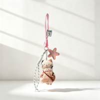 Porte-clés tendance Cottagecore en peluche douce motif chaton, écologique, avec robe florale rose et sacoche marron, attache pour sac à dos