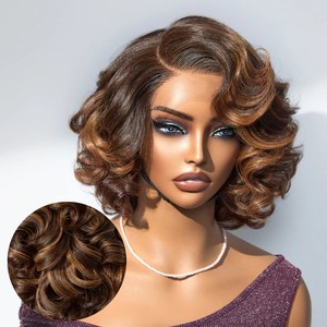 Perruques courtes pour femmes noires Style patron brun Ombre Highlight/naturel noir vague lâche court Bob perruque de cheveux humains vendeur sans colle - Product Image 5