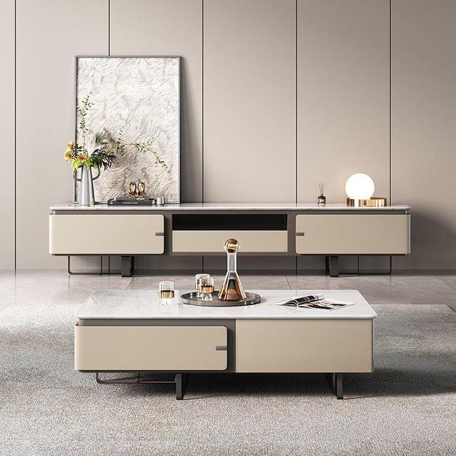 Solid Wood Convertible Coffee Table & TV Stand Set Light Luxury Sintered Stone Combination for Home & Hospital Living Rooms