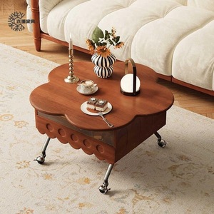 Vintage Style Solid <b>Wood</b> Petal Coffee <b>Table</b> With Storage Drawer Movable Living Room Side <b>Table</b> For <b>Small</b> Apartments - Product Image 3