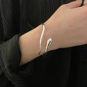 Goth Punk Jewelry Female Luxury Simple Silver Bangle Snake Shaped Bracelet for Women