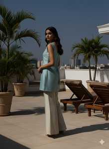 Conjunto de 2 piezas de pantalón y top largo sin mangas de lona azul para mujer, elegante, festivo, estilo étnico, ropa india pakistaní, largo a media pantorrilla - Product Image 4