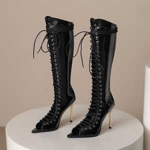 Bottes longues à talons aiguilles pour femme, en cuir verni brillant, à lacets sur le devant, avec découpes, grande taille 46, coupe large, pour l'été - Product Image 5