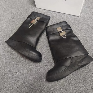 Women Wedge Ankle <b>Boots</b> Black Turn Over High Heel Round Toe Short Female Shark Lock Causal Increasing Height Shoes - Product Image 5