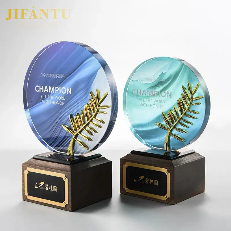 Factory custom crystal trophy walnut base palm leaf k9 crystal brand acrylic trophy company annual meeting school award trophies