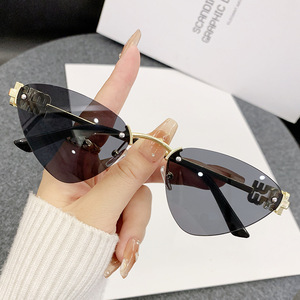 <b>Frameless</b> Cat Eye Sunglasses For Women Gold Metal <b>Frame</b> PC Lens UV400 Light Weight Fashion Sunshades - Product Image 1