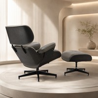Fauteuil lounge en cuir style hôtelier avec ottoman, chaise en contreplaqué moulé inspirée d'Ames pour mobilier d'aire de réception, personnalisable B2B