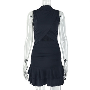 Viviblook Z225DS01 Robe d'été pour femme, col rond, à lacets, à volants, coupe trapèze, mini robe de soirée - Product Image 3