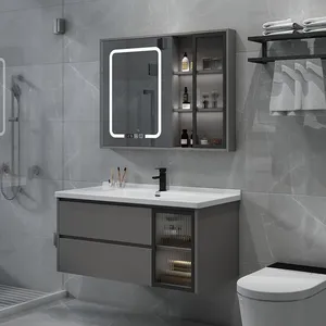 Meuble-lavabo mural moderne gris/blanc avec vasque simple, miroir LED tactile étanche et éclairé, nouveau design, pour salles de bain simples - Product Image 2