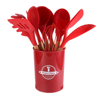 12 ustensiles de cuisine en silicone avec manche en bois : louche, spatule à soupe, spatule à spaghetti, spatule ajourée, brosse à badigeonner
