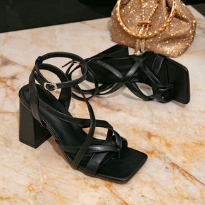 Women's High-heeled Wedge T-Strap Sandals Black Casual Simple Style Open Toe Thick Heel Evening <b>Shoes</b> - Product Image 5