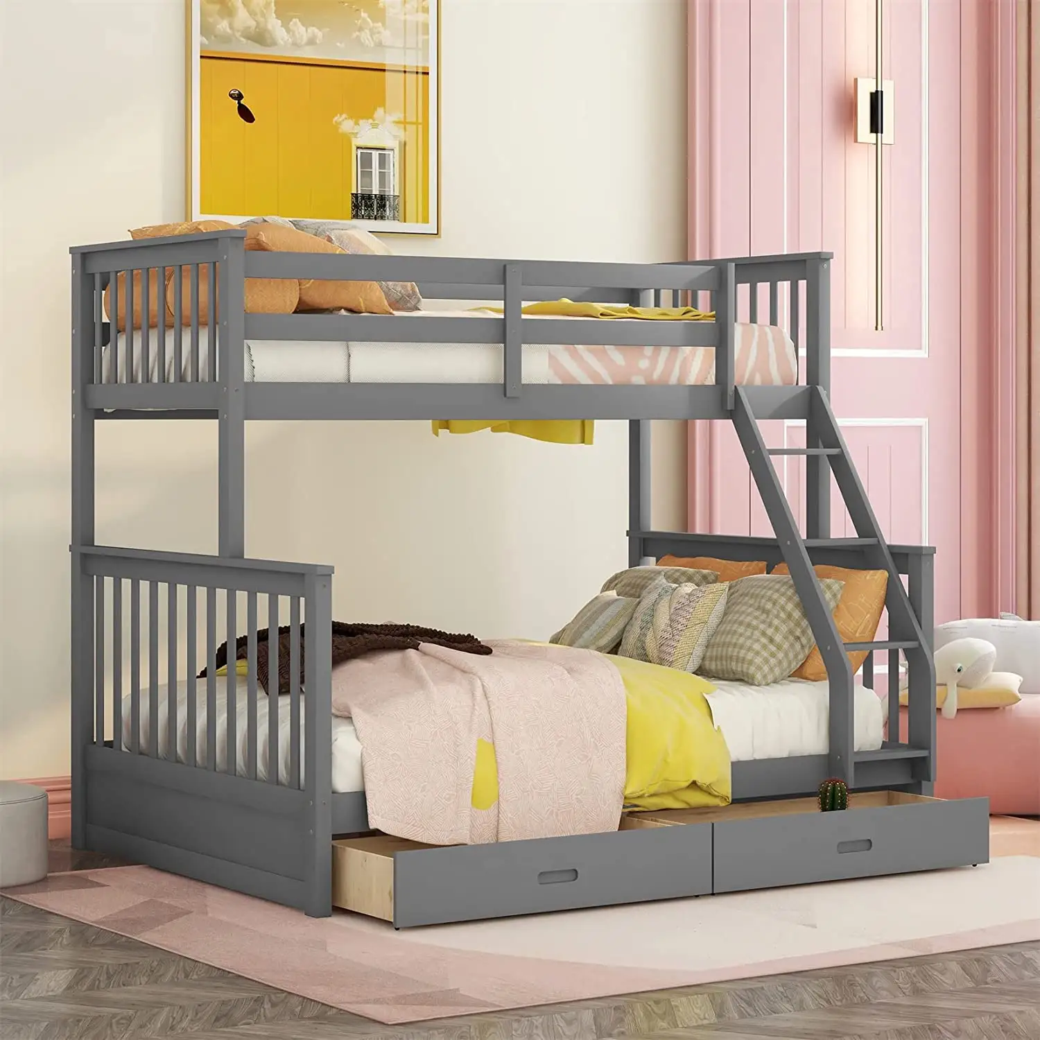 Estructura de cama de madera de pino, litera doble sobre cama completa con cajones de almacenamiento y escaleras, camas para niños para dormitorio