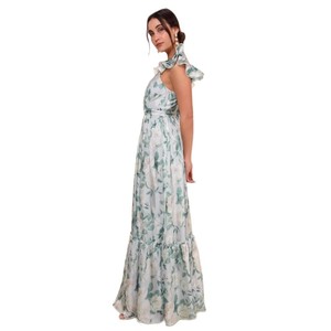 Robe de demoiselle d'honneur à imprimé floral, col en V, manches à volants, longue, verte, en polyester, élégante, pour invitées de mariage - Product Image 5