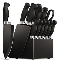 Ensemble de couteaux de cuisine en acier inoxydable à haute teneur en carbone de 15 pièces avec manches en plastique, aiguiseur intégré, compatible lave-vaisselle