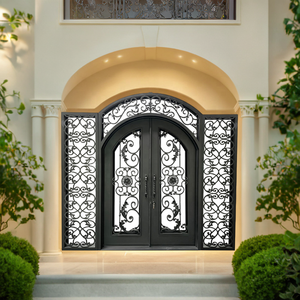 Porta d'Ingresso Doppia <span class=keywords><strong>in</strong></span> Ferro Battuto con Design a Vaso di Fiori e Viti, con Luci Laterali e Traversa, Finitura Effetto Legno - Product Image 2