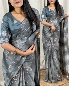 Venta caliente 2024 Saree de seda de hermoso diseño con blusa estampada de estilo moderno Ropa de fiesta Sari de boda para mujer