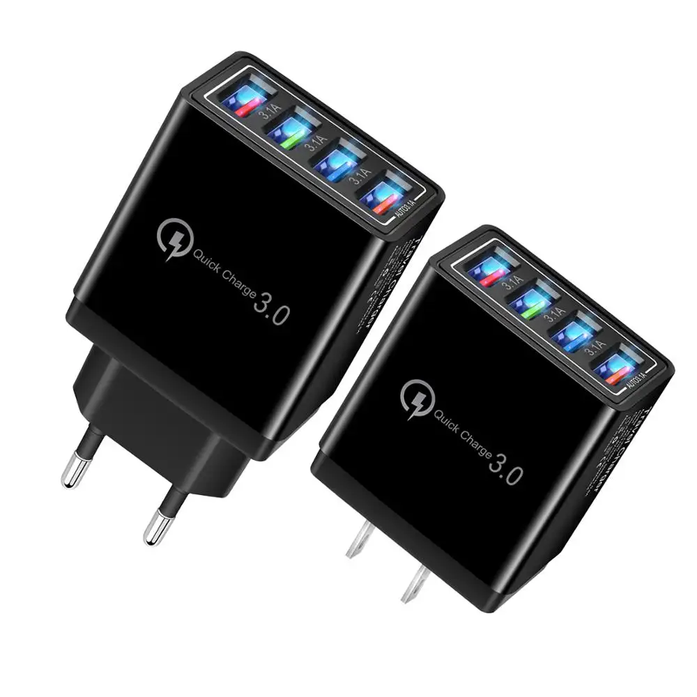 EU 핀 4 포트 USB 벽 충전기 LED 라이트 전원 어댑터 빠른 충전 휴대 전화 충전기 QC3.0 안드로이드 삼성