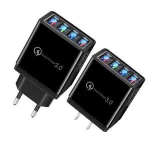 Cabo usb de parede com 4 portas da ue, adaptador de energia com led para carregamento rápido qc3.0 para celular android samsung