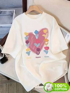 T-Shirt Hpsam in Puro Cotone, Manica Corta con Stampa Cuore e Fiori, Casual Unisex, Vestibilità Regolare, Per Tutte le Stagioni, Girocollo, in Maglia Jersey - Product Image 3