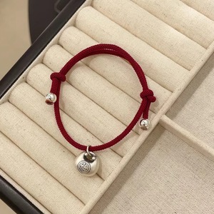 Red <b>Rope</b> <b>Bracelet</b> With Silver Charm Ball Unisex Traditional Chinese Style Jewelry Gift For Couples - Product Image 1