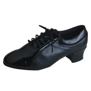 Siyah rugan ve siyah deri küba topuk Latin erkek dans ayakkabıları yumuşak süet taban
