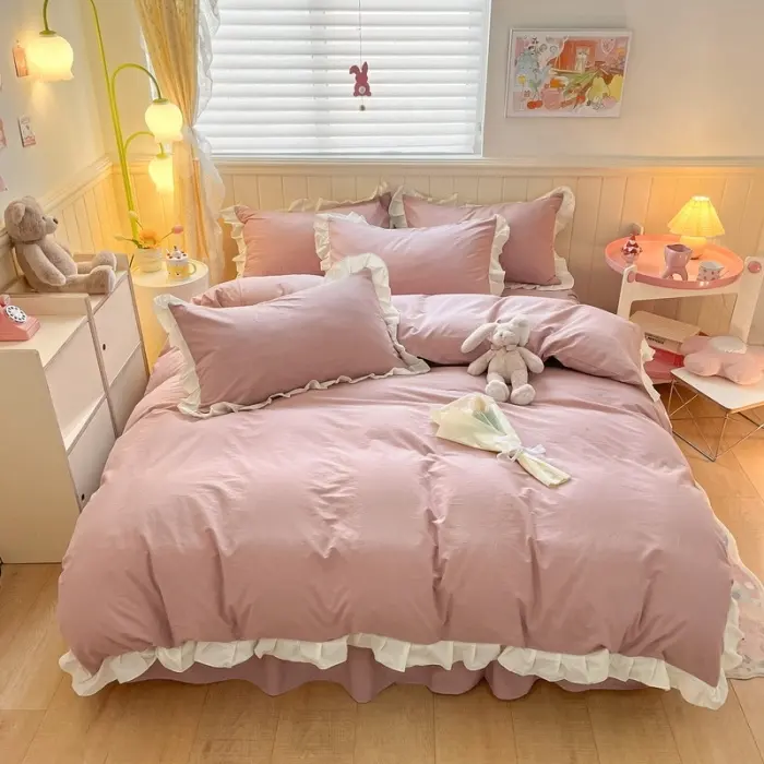 नया नॉवेल प्रिंसेस मॉडर्न बिस्तर सेट किंग क्वीन साइज गुलाबी बैंगनी नीला नारंगी रंग डुवेट कवर सेट लक्जरी 4 पीसीयूरोपीय शैली