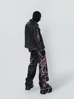 Veste en jean baggy pour homme avec imprimé flamme en strass, grande taille, effet usé, noire, style camionneur, streetwear gothique