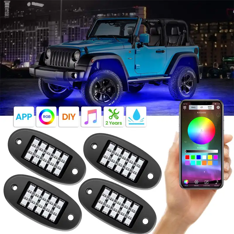 RGB LED Rock Luci con APP di Controllo RF 4 Baccelli RGB Neon Underglow Musica Impermeabile Kit di Illuminazione per Jeep e auto