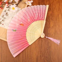 Éventail pliant en bambou doublé de soie, imprimé papillon et fleurs, accessoire portable pour Cheongsam