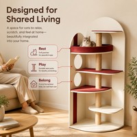 Arbre à chat d'angle classique moderne avec bibliothèque, griffoir multi-niveaux en sisal et bois et perchoir moelleux